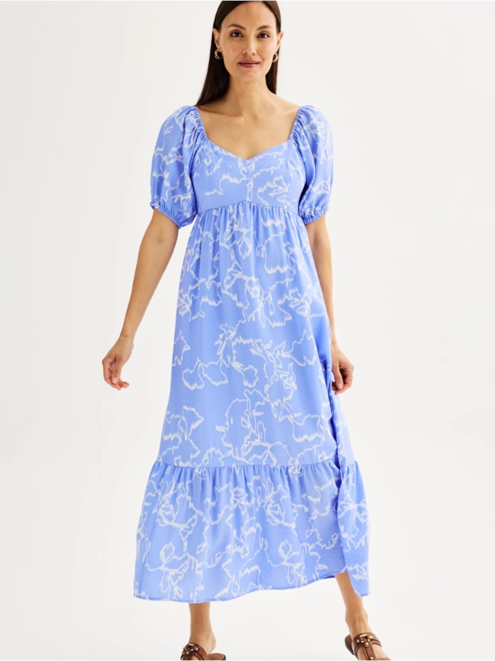 Nine West Light Blue Floral Puff-Sleeve Maxi Dress